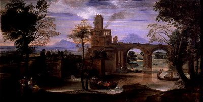 Romeins landschap met een brug door Annibale Carracci