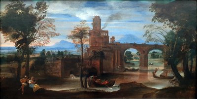 Romeins rivierlandschap met fort en brug door Annibale Carracci