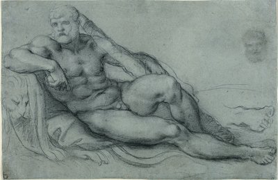 Studie van Hercules rustend, met afzonderlijke studies van zijn hoofd en voet (recto); Rechthoekig rasterontwerp (verso) door Annibale Carracci