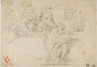 Susanna en de ouderlingen (recto); Profielhoofd van vrouw (verso) door Annibale Carracci