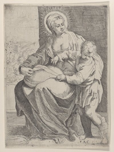 De Maagd zittend met een kussen op haar schoot en de jonge Christus staand rechts door Annibale Carracci