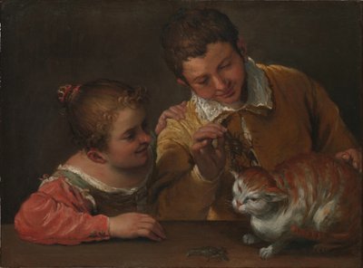 enTwee kinderen plagen een kat door Annibale Carracci