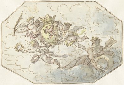 Allegorie met putti met wapen en stroomgod door Anonymous