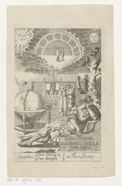 Ambrosius Theodosius Macrobius leunend op steen naast globe door Anonymous