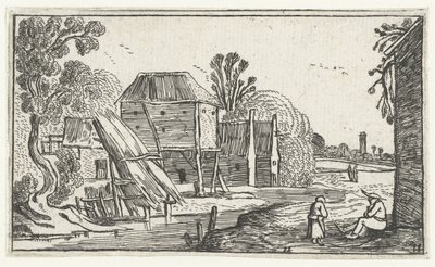Boerderij en schuur op palen aan een water door Anonymous
