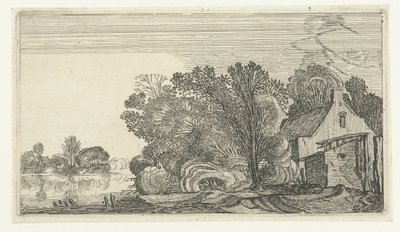 Boerderij tussen bomen aan een rivier door Anonymous