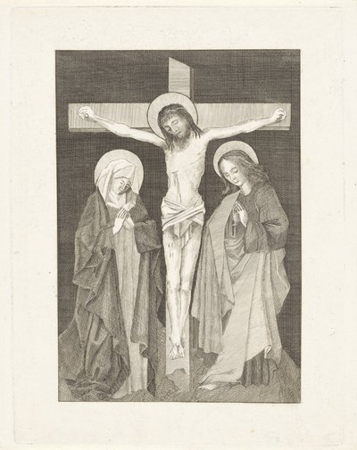 Christus aan het kruis, aan weerszijden Maria en Johannes door Anonymous