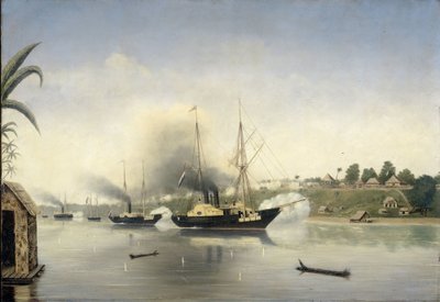 De beschieting van de Kraton van de Sultan van Djambi door de gouvernementsmarineschepen 