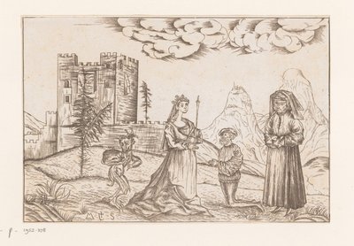 Drie personen en een duivel in een landschap voor een kasteel door Anonymous