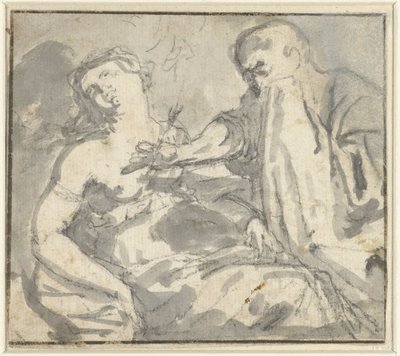 Een man verwijdert een pijl uit de borst van een vrouw (Cephalus en Procris?) door Anonymous