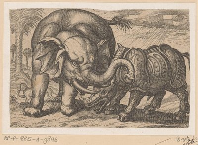 Een neushoorn vecht met een olifant door Anonymous