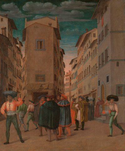 Florentijnse Straatscène met Twaalf Figuren (De Reiziger Onderdak Geven, een van de Zeven Werken van Barmhartigheid) door Anonymous
