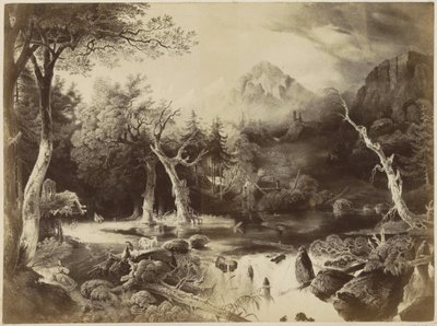 Fotoreproductie van (vermoedelijk) een prent van een landschap met bergen, bomen en een vrouw aan een water door Anonymous