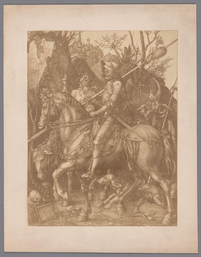 Fotoreproductie van de gravure Ridder, Dood en Duivel door Albrecht Dürer door Anonymous