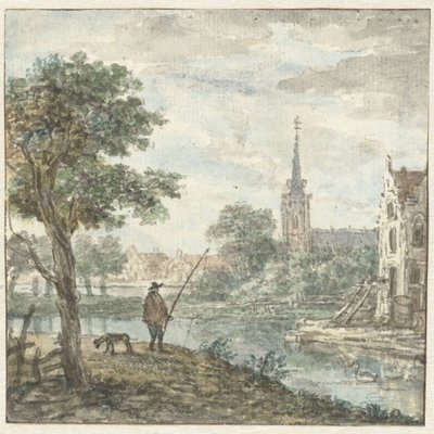 Gezicht op een stad met op de voorgrond een hengelaar door Anonymous