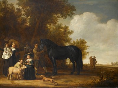 Groepsportret in een landschap (een openluchtfeest) door Anonymous