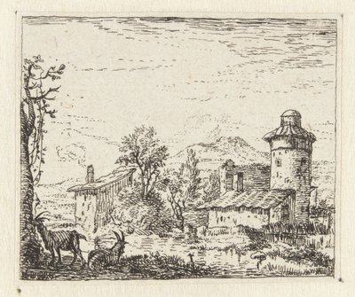 Italianiserend landschap met ronde toren en twee geiten door Anonymous