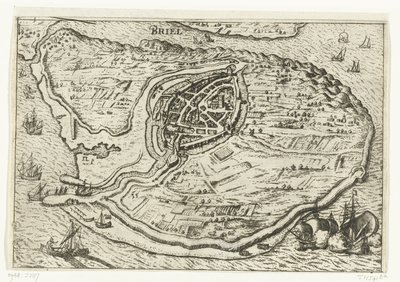 Kaart van het eiland Voorne en plattegrond van Brielle, 1572 door Anonymous