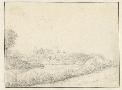 Landschap met een kasteel bij de oever van een rivier door Anonymous