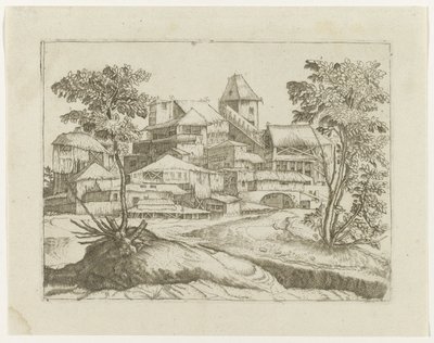 Landschap met bomen en bouwwerken door Anonymous