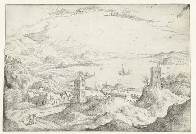 Landschap met brede rivier en dorp door Anonymous