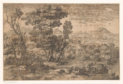 Landschap met een boot op een rivier door Anonymous