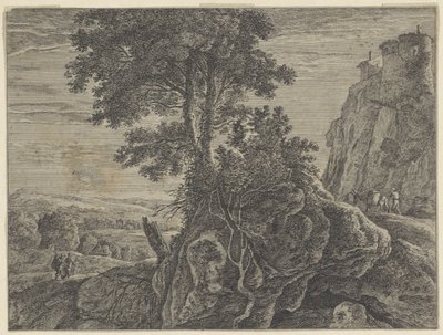 Landschap met een gebouw op een rots door Anonymous