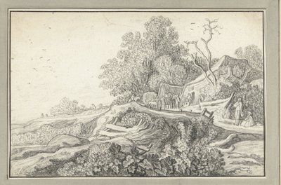 Landschap met een kar en figuren bij een boerderij door Anonymous