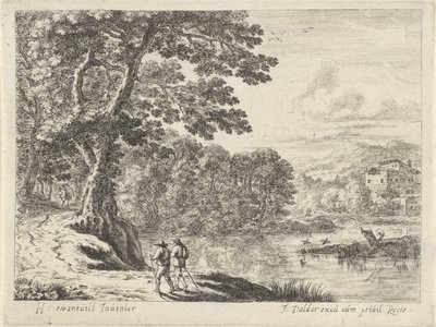 Landschap met een marskramer en wandelaars door Anonymous