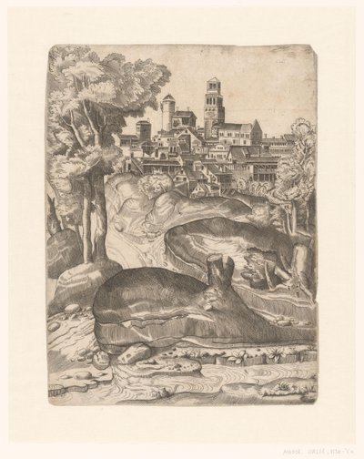 Landschap met een rivier en een stad op een heuvel door Anonymous