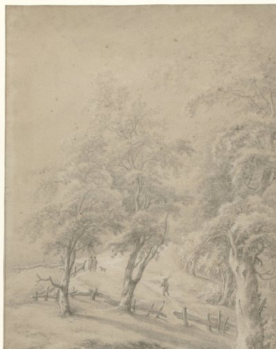 Landschap met enkele figuren op een weg achter een hek door Anonymous