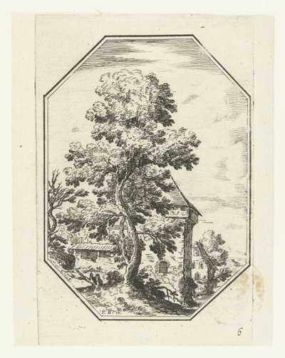 Landschap met grote boom in octagonaal kader door Anonymous
