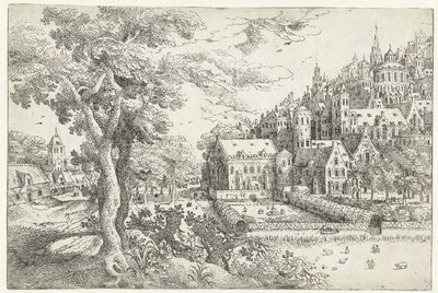 Landschap met stad tegen een heuvel door Anonymous