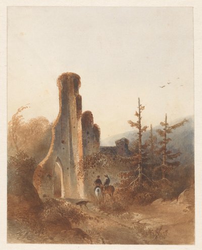 Landschap met twee ruiters bij een ruïne door Anonymous