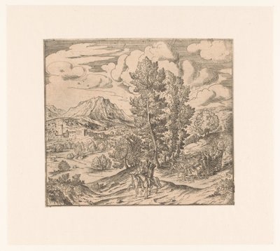 Landschap met twee ruiters en een reiswagen door Anonymous