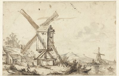 Landschap met twee windmolens door Anonymous