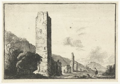 Landschap met vierkante toren door Anonymous