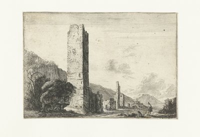 Landschap met vierkante toren door Anonymous