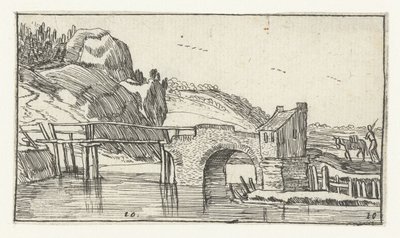 Man drijft een ezel richting een brug Landschappen naar Esaias van de Velde (series title) door Anonymous