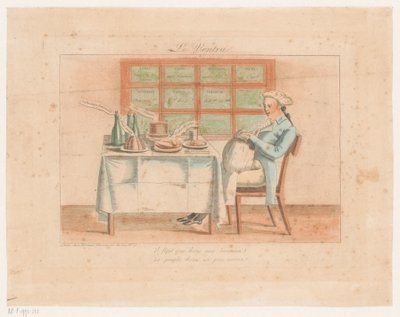 Man met dikke buik aan een gedekte tafel door Anonymous