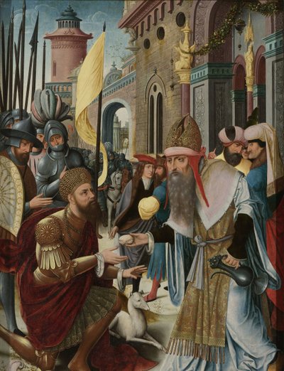 Ontmoeting van Abraham en Melchizedek (binnenkant, linker vleugel van een drieluik) door Anonymous