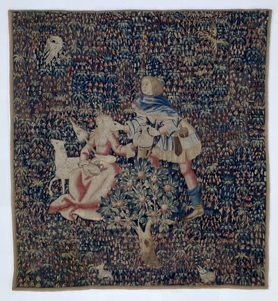 Millefleurs met herder en herderin (fragment) door Anonymous