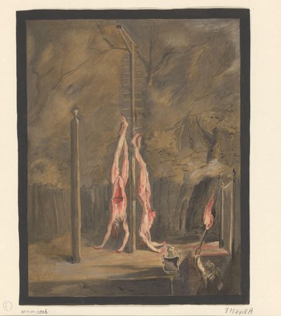 Nachtscène met de verminkte lichamen van de gebroeders De Witt aan de galg door Anonymous