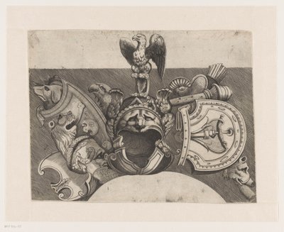 Ornament met helm, schild, arend en leeuw door Anonymous