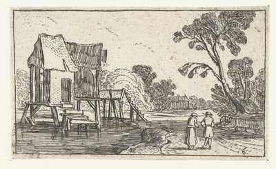 Pad langs een rivier met gebouwen op palen door Anonymous