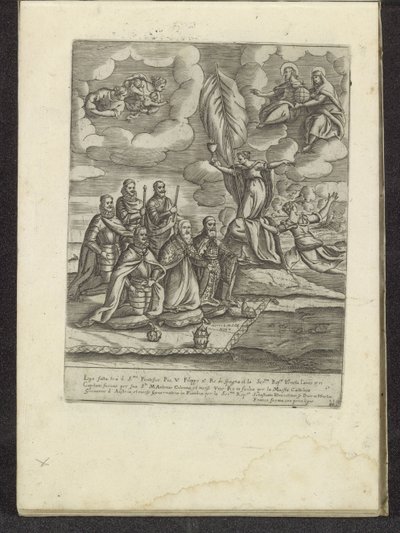 Pius V, Filips II, Alvise I Mocenigo, Sebastiano Vernier, Marcantonio Colonna en Don Juan van Oostenrijk knielend voor het Geloof door Anonymous