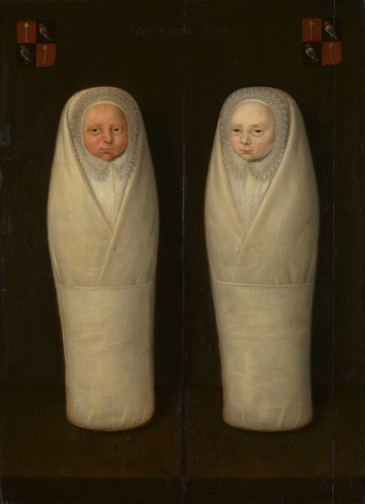 Portret van ingebakerde tweelingen: de vroeg overleden kinderen van Jacob de Graeff en Aeltge Boelens door Anonymous