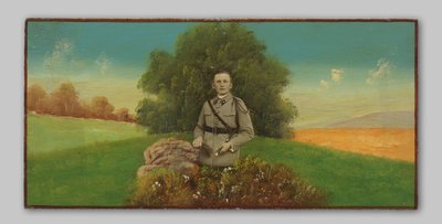 Portret van een onbekende militair in een geschilderd landschap door Anonymous