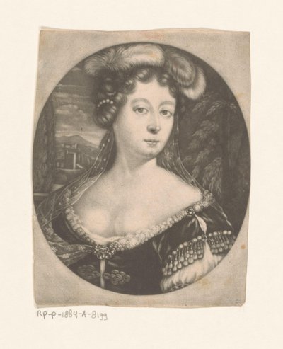Portret van een onbekende vrouw met veren en parels in het haar en jurk met edelstenen door Anonymous