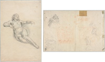 Liggende Vrouwelijke Naakt (recto); Diverse Schetsen van Figuren en Planten (verso) door Anonymous
